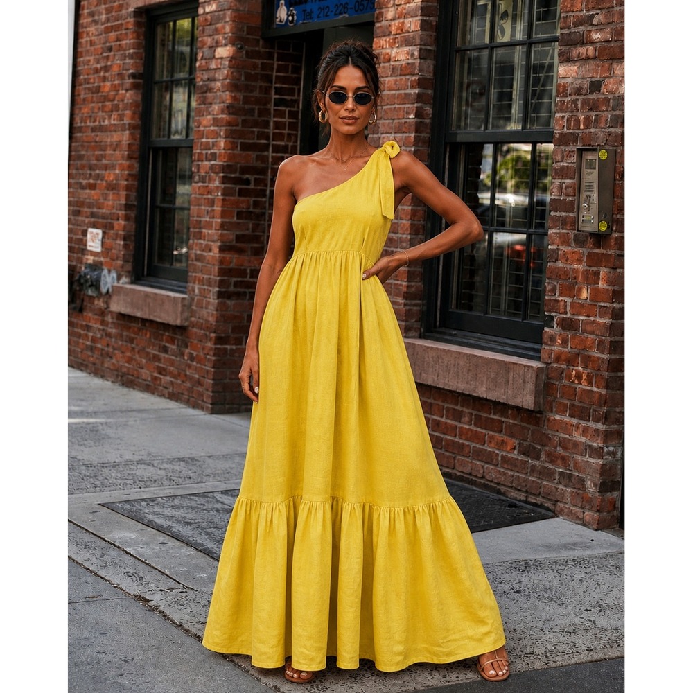 Zimmermann Juliette One Shoulder Bow Linen Maxi Dress Yellow Size 0 US 4 Resort
